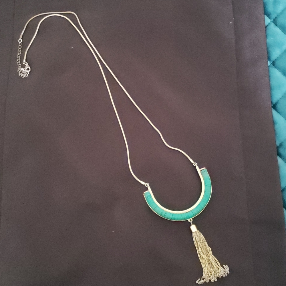 Long gold with green bead necklace-reversible